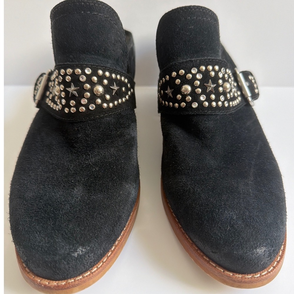 Earth Black Suede Studded Star Western Mules Buckle Block Heel Clogs Womens‎ 9B